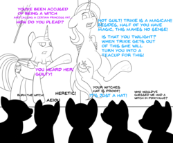 Size: 1200x1000 | Tagged: safe, artist:pavlovzdawg, trixie, twilight sparkle, alicorn, pegasus, pony, unicorn, g4, aeiou, burning at the stake, chest fluff, crowd, dialogue, execution, fake cutie mark, female, fire, frog (hoof), hanging, heresy, hood, mare, mask, partial color, rope, silhouette, teacup, that pony sure does love teacups, tied up, torch, trial, twilight sparkle (alicorn), underhoof, witch