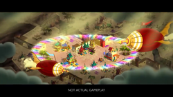 Size: 1366x768 | Tagged: safe, gameloft, g4, my little pony: magic princess, official, airship, game screencap, implied rainbow dash, klugetown, market, no pony, not actual gameplay, sonic rainboom, trailer