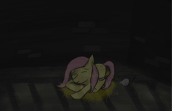Size: 5000x3216 | Tagged: safe, artist:skywhistler, fluttershy, pegasus, pony, g4, ball and chain, crying, dungeon, eyes closed, female, jail, mare, prison, prone, sad, solo