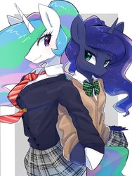 Size: 1536x2048 | Tagged: safe, artist:30clock, princess celestia, princess luna, alicorn, anthro, semi-anthro, g4, arm hooves, blushing, bowtie, cardigan, clothes, cute, duo, female, holding hooves, horn, looking at each other, looking back, mare, moe, necktie, plaid skirt, pleated skirt, royal sisters, school uniform, skirt