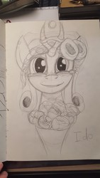 Size: 2988x5312 | Tagged: safe, artist:queen-razlad, oc, oc only, oc:razlad, pony, unicorn, bouquet, crying, cute, drawing, helix horn, horn, marriage, marriage proposal, monochrome, sketch, wedding, wife