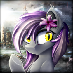 Size: 2000x2000 | Tagged: safe, artist:thefunnysmile, oc, oc only, oc:umbra tempestas, bat pony, pony, blurry, boston, bust, commission, fallout, fallout 4, flower, high res, lens flare, looking away, ocean, portrait, prydwen, solo