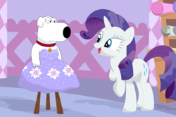 Size: 1097x729 | Tagged: safe, artist:porygon2z, rarity, dog, pony, unicorn, g4, brian griffin, clothes, crossdressing, crossover, dress, duo, family guy, female, male, mare