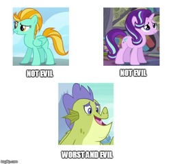 Size: 523x499 | Tagged: source needed, useless source url, safe, edit, edited screencap, screencap, lightning dust, sludge (g4), starlight glimmer, dragon, pegasus, pony, unicorn, father knows beast, g4, the mean 6, wonderbolts academy, female, image macro, male, mare, meme, text