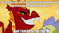 Size: 1280x720 | Tagged: safe, edit, edited screencap, screencap, garble, sludge (g4), dragon, father knows beast, g4, even evil has standards, even garble has standards, image macro, meme, op has a point, text