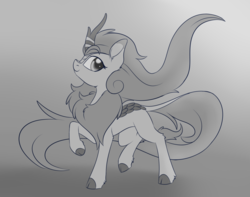 Size: 1503x1182 | Tagged: safe, artist:dusthiel, autumn blaze, kirin, g4, sounds of silence, cloven hooves, female, gradient background, grayscale, monochrome, quadrupedal, simple background, smiling, solo