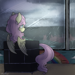 Size: 2000x2000 | Tagged: safe, artist:urbanqhoul, fluttershy, pegasus, pony, fanfic:asylum, g4, couch, female, high res, indoors, lidded eyes, looking away, looking up, mare, rain, rear view, sad, sitting, solo, teary eyes, three quarter view, window, wings