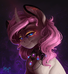 Size: 2504x2725 | Tagged: safe, artist:amishy, oc, oc only, oc:tarot, pony, unicorn, abstract background, blue eyes, commission, curved horn, digital art, ear fluff, female, high res, horn, mare, necklace, pink hair, pink mane, signature, smiling, solo, ych result