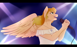 Size: 4896x3000 | Tagged: safe, artist:paperdakku, oc, oc only, pegasus, anthro, anthro oc, clothes, commission, digital art, female, folded wings, high res, mare, microphone, open mouth, shirt, singing, solo, wings, ych result