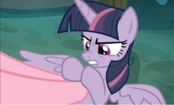 Size: 1163x703 | Tagged: safe, screencap, mean twilight sparkle, alicorn, pony, g4, the mean 6, animation error, clone, cropped, everfree forest, female, implied pinkie pie, mare, offscreencharacter, pushing, solo focus, struggling, unamused, wings