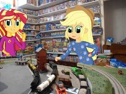 Size: 1800x1350 | Tagged: safe, applejack, sunset shimmer, equestria girls, g4, clothes, equestria girls in real life, irl, model railroads, pajamas, photo, thomas the tank engine, thomaszoey3000