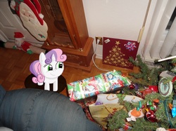 Size: 2250x1687 | Tagged: safe, artist:thomaszoey3000, sweetie belle, pony, g4, christmas, christmas tree, grandfather clock, holiday, irl, photo, ponies in real life, present, thomaszoey3000, tree