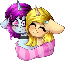 Size: 1813x1721 | Tagged: safe, artist:grapegrass, oc, oc only, oc:annabelle (zizzydizzymc), oc:blooming corals, pony, unicorn, blushing, bust, clothes, collar, hairpin, not gay, scarf, shared clothing, shared scarf, simple background, transparent background