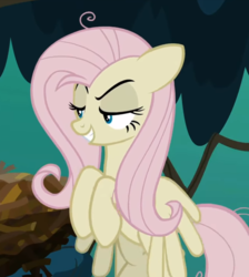 Size: 626x699 | Tagged: safe, screencap, mean fluttershy, pegasus, pony, g4, the mean 6, clone, cropped, everfree forest, evil grin, female, flying, lidded eyes, mare, mocking, raised eyebrow, smiling