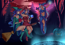 Size: 3000x2080 | Tagged: safe, artist:xjenn9, nightmare rarity, trixie, oc, oc:burning passion, oc:nightmarish illusion, human, g4, armpits, artificial wings, augmented, book, boots, breasts, crossed legs, floating, forest, full moon, halloween, high heel boots, high heels, high res, holiday, humanized, magic, magic wings, moon, multicolored hair, nightmare trixie, nightmarified, shoes, spell, spellbook, wings, witch