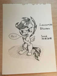 Size: 907x1210 | Tagged: safe, artist:stink111, scootaloo, pegasus, pony, g4, female, filly, monochrome, scootachicken, solo, traditional art