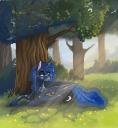 Size: 1536x1665 | Tagged: safe, artist:lionylioness, princess luna, alicorn, pony, g4, :p, crepuscular rays, female, grass, looking back, mare, prone, silly, solo, tongue out, tree