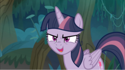 Size: 1248x703 | Tagged: safe, screencap, mean twilight sparkle, alicorn, pony, g4, the mean 6, clone, cropped, everfree forest, female, mare, open mouth, scary face, smiling, smirk