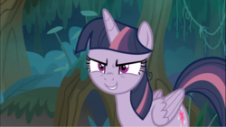Size: 1249x702 | Tagged: safe, screencap, mean twilight sparkle, alicorn, pony, g4, the mean 6, clone, cropped, everfree forest, evil grin, female, grin, mare, scary face, sinister, smiling, solo