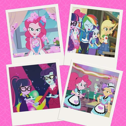 Size: 720x720 | Tagged: safe, screencap, applejack, lyra heartstrings, pinkie pie, rainbow dash, rarity, rosette nebula, sci-twi, tip top, track starr, twilight sparkle, equestria girls, five stars, g4, my little pony equestria girls: better together, schedule swap, the craft of cookies, twilight under the stars, background human, celestia's office, female, geode of shielding, geode of sugar bombs, geode of super speed, geode of super strength, geode of telekinesis, glasses, lidded eyes, magical geodes, ponytail