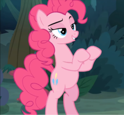 Size: 758x702 | Tagged: safe, screencap, pinkie pie, earth pony, pony, g4, the mean 6, air quotes, belly, bipedal, cropped, everfree forest, female, lidded eyes, mare, raised eyebrow, smiling, smug, solo