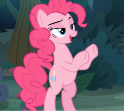 Size: 782x702 | Tagged: safe, screencap, pinkie pie, earth pony, pony, g4, the mean 6, belly, bipedal, cropped, everfree forest, female, lidded eyes, mare, open mouth, raised eyebrow, smug, solo