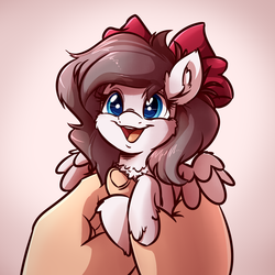 Size: 4000x4000 | Tagged: safe, artist:witchtaunter, oc, oc only, oc:aurelleah, oc:aurry, human, pegasus, pony, bow, cheek fluff, commission, cute, ear fluff, female, fluffy, hair bow, happy, hnnng, holding a pony, ocbetes, offscreen character, open mouth, simple background, small pony, smiling, solo, unshorn fetlocks, what do you want, white background, witchtaunter is trying to murder us