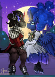 Size: 800x1132 | Tagged: safe, artist:eztp, king sombra, princess luna, alicorn, unicorn, anthro, unguligrade anthro, g4, clothes, dress, female, looking at each other, male, mare, moon, night, ship:lumbra, shipping, smiling, stallion, straight