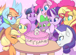 Size: 1200x880 | Tagged: safe, artist:thebatfang, applejack, fluttershy, pinkie pie, rainbow dash, rarity, spike, starlight glimmer, sunset shimmer, twilight sparkle, alicorn, dragon, earth pony, pegasus, pony, unicorn, g4, abstract background, anniversary, cake, colored pupils, cowboy hat, cute, ear fluff, eyes closed, female, food, freckles, happy birthday mlp:fim, hat, male, mane eight, mane seven, mane six, mare, mlp fim's eighth anniversary, open mouth, smiling, table, twilight sparkle (alicorn)