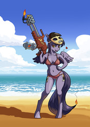 Size: 700x993 | Tagged: safe, artist:adeptus-monitus, oc, oc only, pegasus, anthro, unguligrade anthro, beach, belly button, bikini, clothes, flamethrower, heart, mask, smiling, swimsuit, weapon, ych result