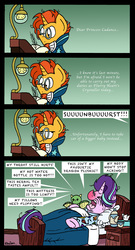 Size: 1896x3507 | Tagged: safe, artist:bobthedalek, starlight glimmer, sunburst, pony, unicorn, g4, bed, clothes, comic, cup, deadpan snarker, desk, female, green background, implied princess cadance, implied princess flurry heart, letter, male, mare, messy mane, misspelling, pajamas, quill, red nosed, ship:starburst, shipping, sick, simple background, stallion, straight, sunburst is not amused, teacup, teapot, that pony sure does love kites, unamused, whining, writing