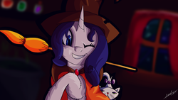 Size: 1700x956 | Tagged: safe, artist:fedairkid, rarity, cat, pony, unicorn, g4, broom, female, mare, one eye closed, smiling, smirk, witch