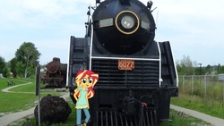 Size: 2300x1293 | Tagged: safe, artist:thomaszoey3000, sunset shimmer, equestria girls, g4, canadian national, irl, locomotive, photo, solo, steam locomotive, train