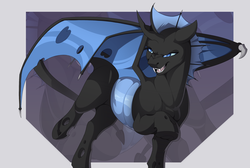 Size: 1280x862 | Tagged: safe, artist:evehly, oc, oc only, oc:talon, changeling, blue changeling, changeling oc, commission, fangs, flying, solo, wings
