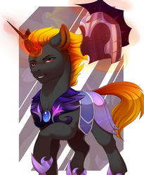 Size: 1280x1562 | Tagged: safe, artist:evehly, oc, oc only, oc:shadowed ember, pony, unicorn, armor, glowing horn, helmet, horn, magic, male, night guard, solo, stallion