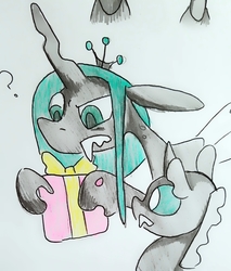 Size: 1494x1751 | Tagged: source needed, safe, artist:smirk, queen chrysalis, changeling, changeling queen, g4, duo, female, present, traditional art