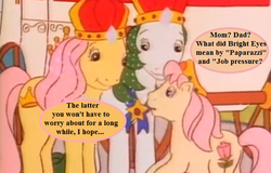 Size: 675x432 | Tagged: safe, edit, edited screencap, editor:korora, screencap, king of the isle of pony, queen of the isle of pony, rosy, g1, my little pony tales, princess problems, cropped, crown, dialogue, implied bright eyes, jewelry, punctuation error, reality ensues, regalia, royalty, speech bubble