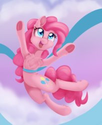 Size: 900x1110 | Tagged: safe, artist:dusthiel, pinkie pie, earth pony, pony, g4, chest fluff, female, jumping, looking up, mare, raised hoof, solo