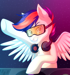 Size: 2497x2654 | Tagged: safe, artist:starshade, oc, oc only, oc:zephyr leaf, pegasus, pony, chest fluff, commission, dj booth, goggles, gritted teeth, headphones, high res, looking at you, male, raised hoof, smiling, smirk, solo, stallion, wings, ych result