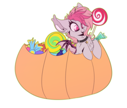 Size: 1999x1700 | Tagged: safe, artist:hagalazka, oc, oc only, oc:candy quartz, bat pony, pony, bat pony oc, candy, chest fluff, collar, cute, ear piercing, female, fluffy, food, halloween, happy, holiday, lollipop, piercing, pumpkin, pumpkin bucket, shaved mane, simple background, smiling, solo, transparent background, weapons-grade cute, ych result