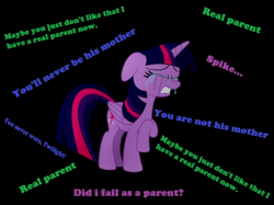 Size: 2592x1936 | Tagged: safe, artist:eagc7, twilight sparkle, alicorn, pony, father knows beast, g4, black background, crying, darkness, feels, female, heartbreak, implied spike, inner thoughts, mama twilight, mare, sad, simple background, solo, twilight sparkle (alicorn)