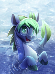Size: 900x1201 | Tagged: safe, artist:tsitra360, oc, oc only, oc:seabreeze, pony, seapony (g4), commission, cute, digital art, ocean, open mouth, signature, solo, speedpaint available, swimming