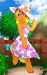Size: 1870x2947 | Tagged: safe, artist:acidthead, earth pony, pony, semi-anthro, arm hooves, clothes, commission, cute, dress, female, fence, hat, mare, mountain, painting, sun, tree