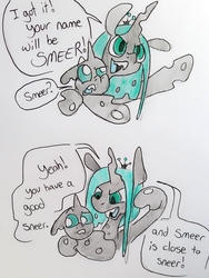 Size: 1497x1993 | Tagged: safe, artist:smirk, queen chrysalis, oc, changeling, changeling queen, nymph, g4, baby, crown, cute, cutealis, cuteling, dialogue, duo, female, jewelry, mommy chrissy, mother and child, parent:queen chrysalis, regalia, simple background, traditional art, white background