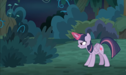 Size: 1167x701 | Tagged: safe, screencap, mean twilight sparkle, alicorn, pony, g4, the mean 6, bush, clone, everfree forest, female, glowing horn, horn, mare, solo