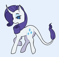 Size: 354x343 | Tagged: safe, artist:misfithippie, part of a set, rarity, pony, unicorn, g4, blue background, curved horn, eyelashes, eyeshadow, female, horn, leonine tail, lidded eyes, looking at you, looking back, looking back at you, makeup, mare, no pupils, simple background, solo