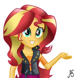 Size: 723x767 | Tagged: safe, artist:ketrin29, artist:sparkling-sunset-s08, sunset shimmer, equestria girls, g4, my little pony equestria girls: better together, breasts, cleavage, clothes, jacket, leather, leather jacket, simple background, smiling, solo, transparent background, vector