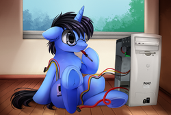 Size: 2516x1689 | Tagged: safe, artist:pridark, oc, oc only, oc:tinker doo, pony, unicorn, commission, computer, cords, cute, frog (hoof), glasses, hard drive, male, mouth hold, one eye closed, screwdriver, solo, underhoof, window