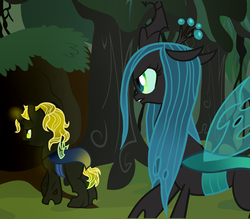 Size: 1024x899 | Tagged: safe, artist:puppy-shy, queen chrysalis, oc, oc:fireworm, changeling, g4, argument, changeling oc, female, male, mother and child, mother and son, offspring, parent:queen chrysalis, yellow changeling