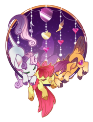 Size: 798x1050 | Tagged: safe, artist:fuyusfox, apple bloom, scootaloo, sweetie belle, classical unicorn, earth pony, pegasus, pony, unicorn, g4, alternate design, cloven hooves, cute, cutie mark crusaders, eyes closed, female, filly, hnnng, horn, leonine tail, simple background, sleeping, tail feathers, transparent background, trio, unshorn fetlocks, watermark
